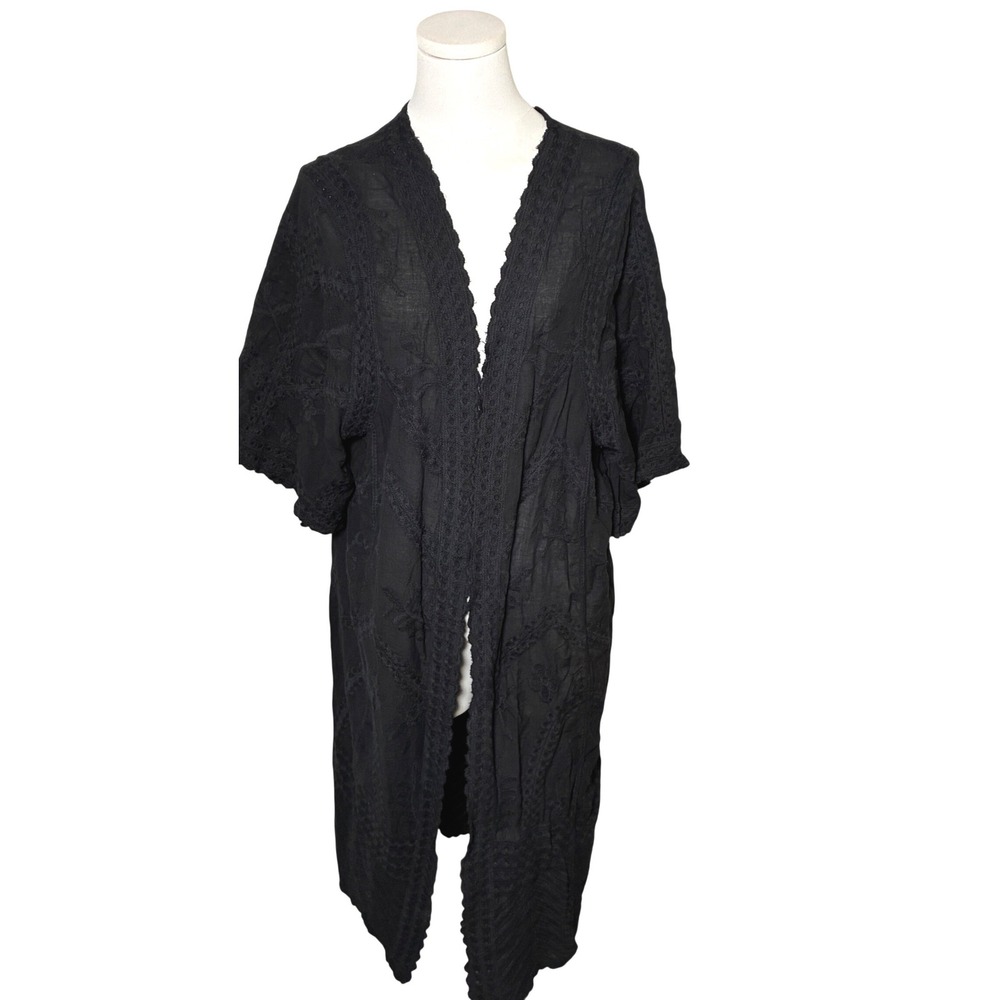 Woven Heart Black Cotton Embroidered Kimono Duster Boho One Size